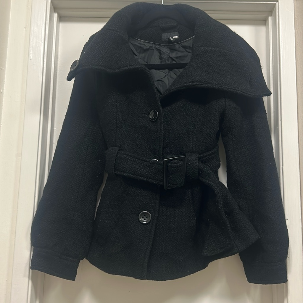 H&M Wool Blend Coat Stylish, Black Wrap Pea Belted Winter Single-Breasted Coat